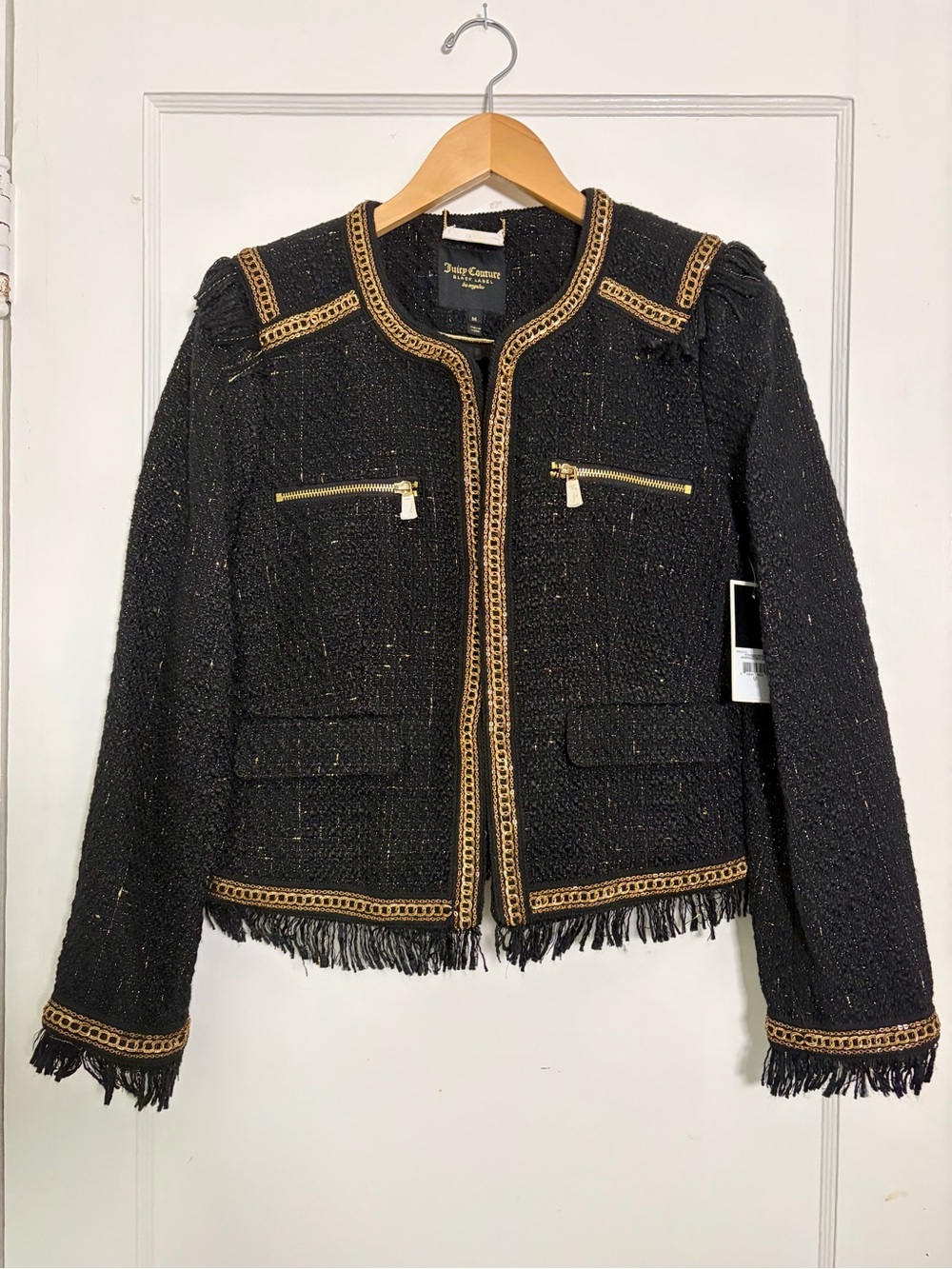 Juicy Couture black label Black Tweed Fringe Zip Jacket with Gold Trim